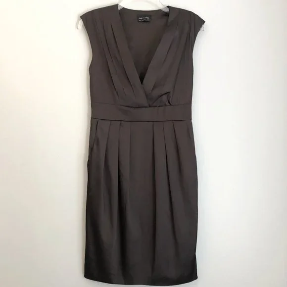 max and cleo brown dress MAX and CLEO Dress Brown Stretch Elegant V-Neck Ruched Sides Cap Sleeve Size L